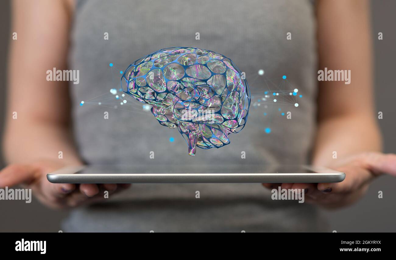 3d rendering of a digital human brain concept over a tablet in woman's ...