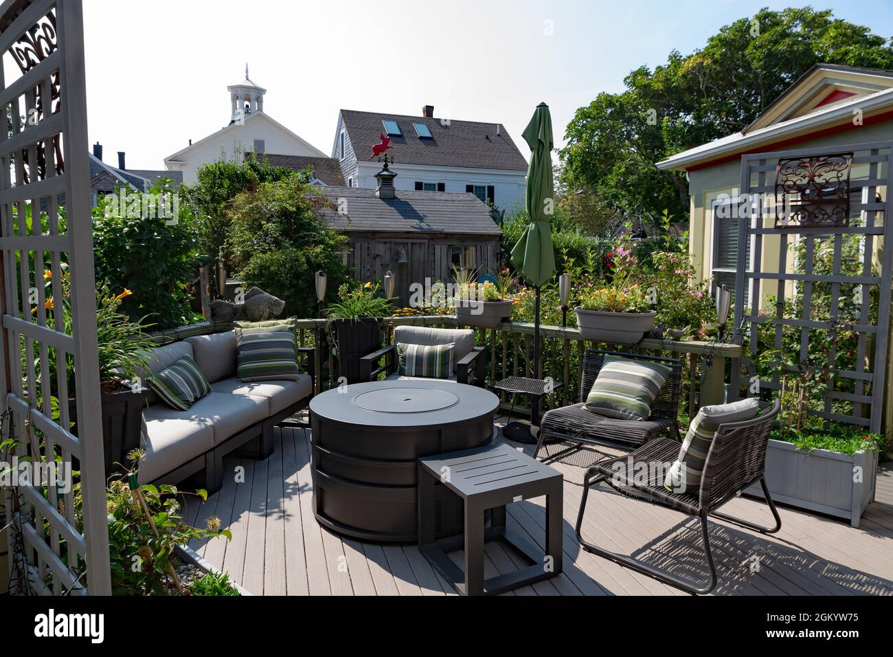 Backyard residential deck seating. Stock Photo