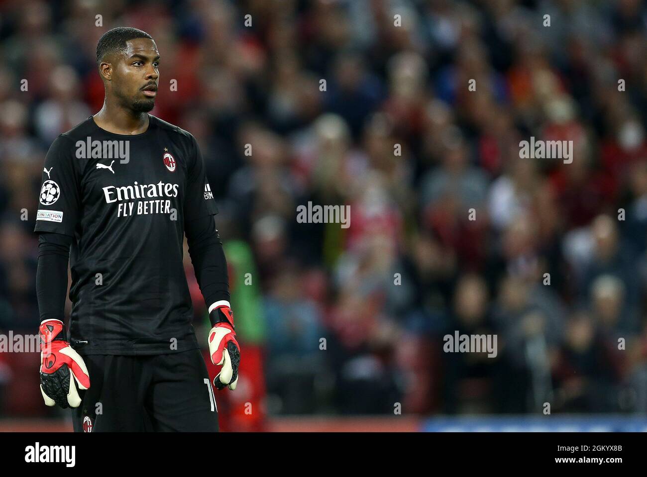 Liverpool, UK. 15th Sep, 2021. AC Milan Goalkeeper Mike Maignan looks on. UEFA Champions league, group B match, Liverpool v Milan at Anfield Stadium in Liverpool on Wednesday 15th September 2021. this image may only be used for Editorial purposes. Editorial use only, license required for commercial use. No use in betting, games or a single club/league/player publications. pic by Chris Stading/Andrew Orchard sports photography/Alamy Live news Credit: Andrew Orchard sports photography/Alamy Live News Stock Photo