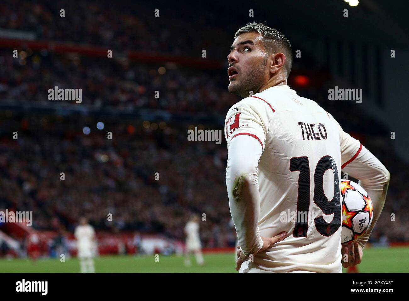 Liverpool, UK. 15th Sep, 2021. Theo Hernandez of AC Milan checks the time on the scoreboard. UEFA Champions league, group B match, Liverpool v Milan at Anfield Stadium in Liverpool on Wednesday 15th September 2021. this image may only be used for Editorial purposes. Editorial use only, license required for commercial use. No use in betting, games or a single club/league/player publications. pic by Chris Stading/Andrew Orchard sports photography/Alamy Live news Credit: Andrew Orchard sports photography/Alamy Live News Stock Photo