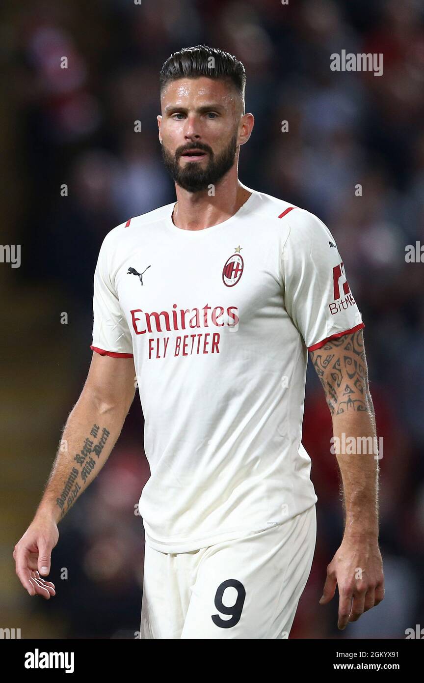 Liverpool, UK. 15th Sep, 2021. Olivier Giroud of AC Milan looks on. UEFA Champions league, group B match, Liverpool v Milan at Anfield Stadium in Liverpool on Wednesday 15th September 2021. this image may only be used for Editorial purposes. Editorial use only, license required for commercial use. No use in betting, games or a single club/league/player publications. pic by Chris Stading/Andrew Orchard sports photography/Alamy Live news Credit: Andrew Orchard sports photography/Alamy Live News Stock Photo