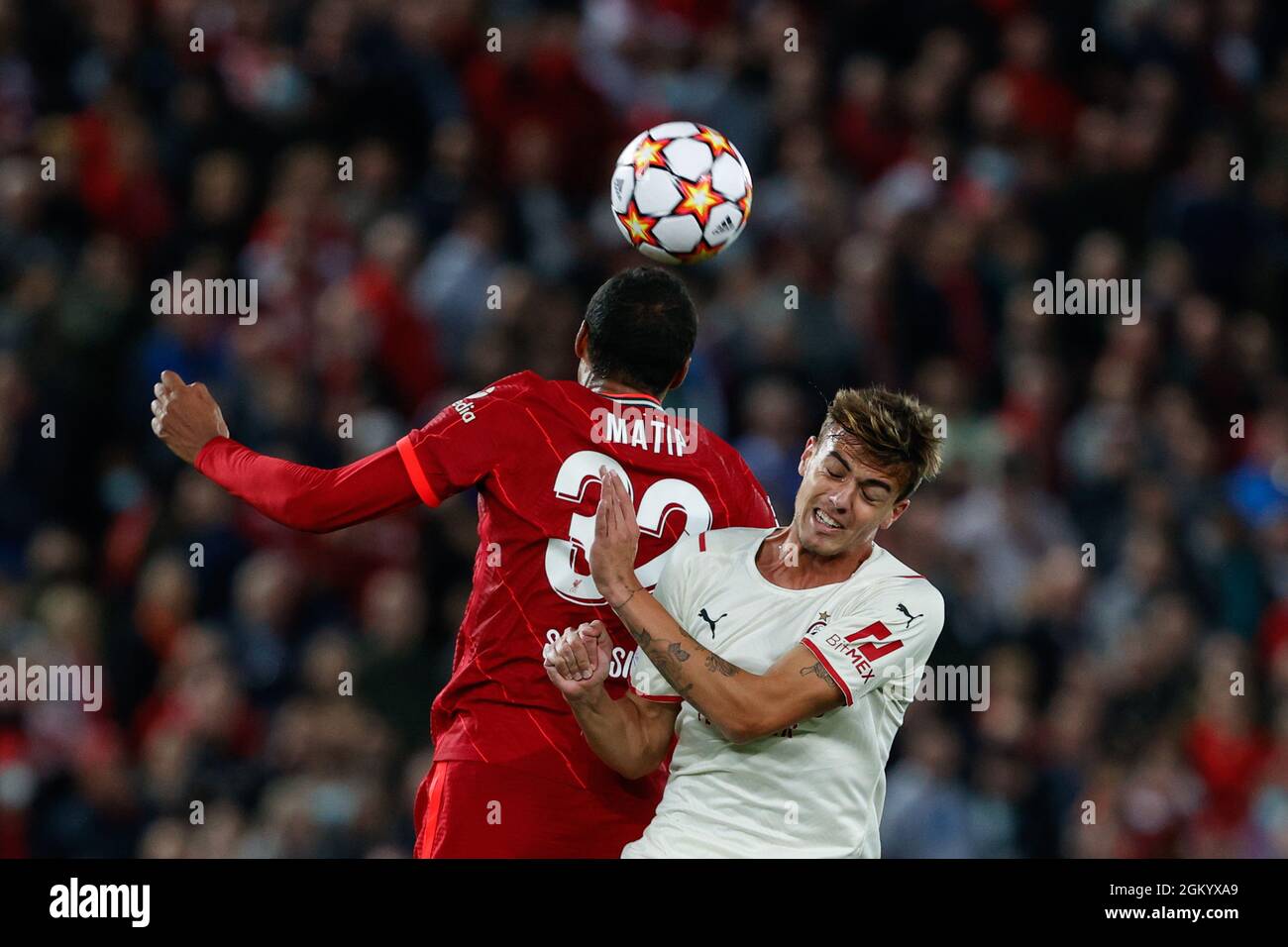 Anfield Liverpool England September 15 21 Joel Matip Liverpool Fc Header Over Daniel Maldini Ac Milan During Group B Liverpool Fc Vs Ac Milan Uefa Champions League Football Match Credit