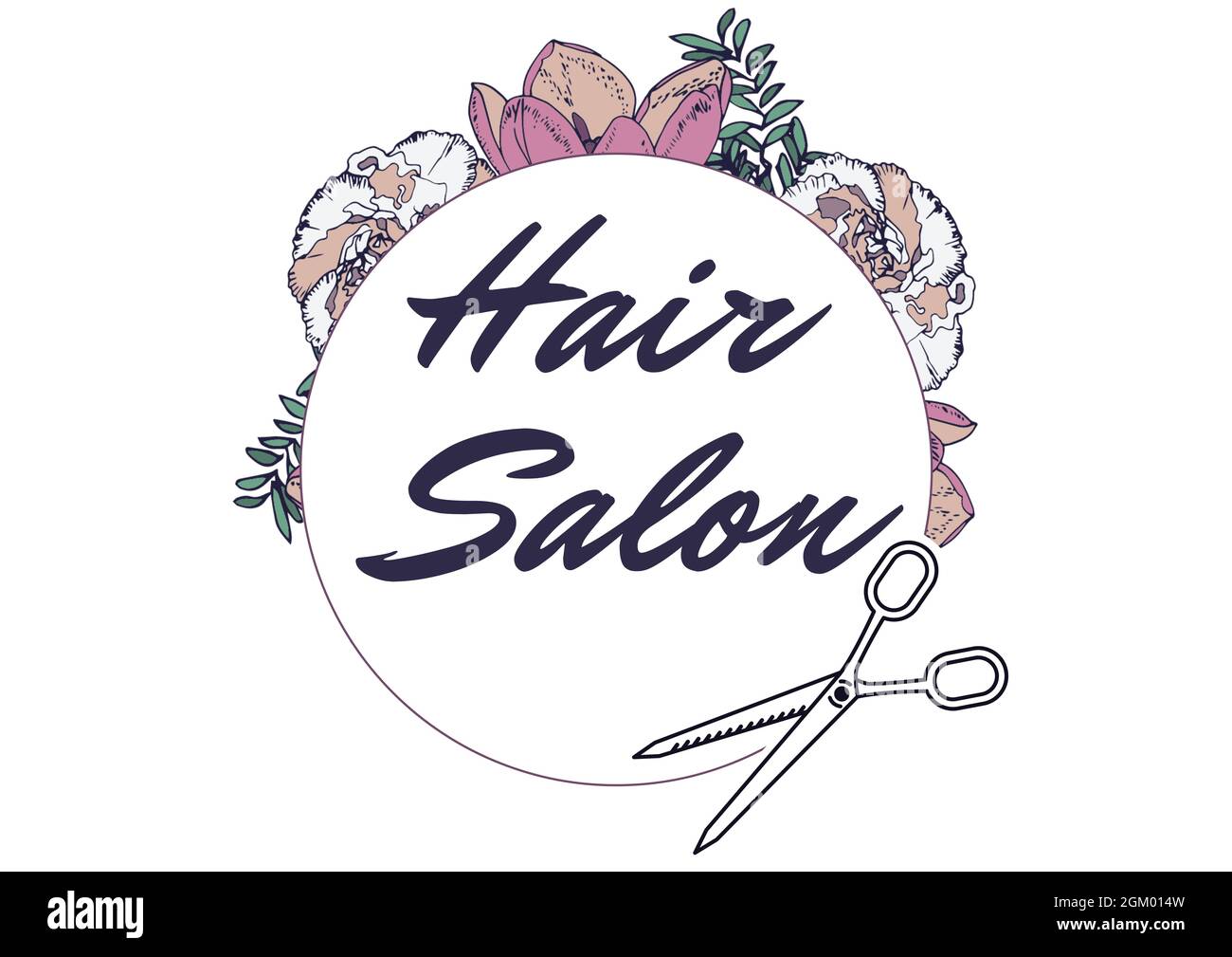 Floral designs over hair salon text on round banner with scissors icon against white background Stock Photo