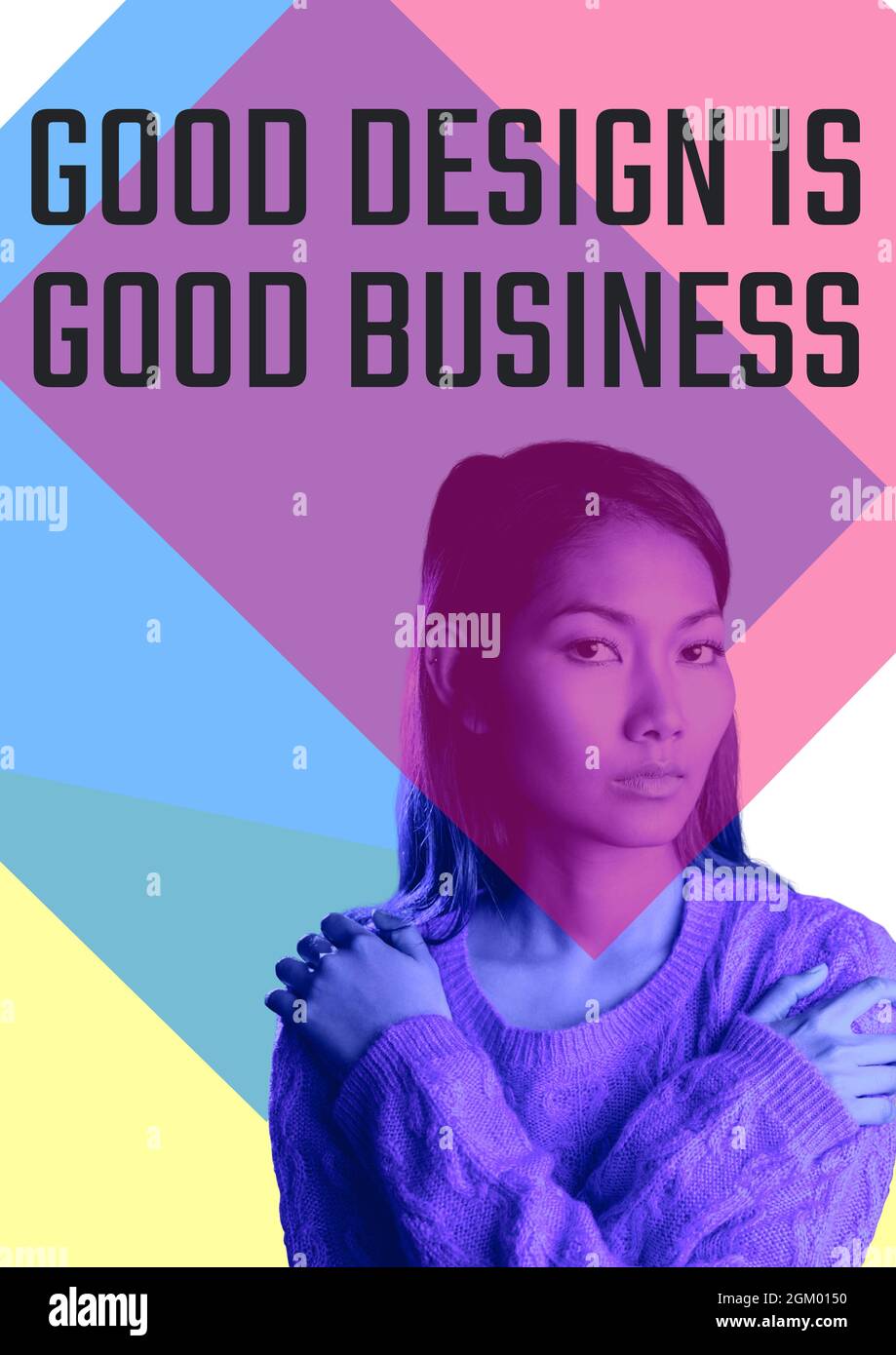 Good design is good business text against portrait of asian woman against colorful background Stock Photo
