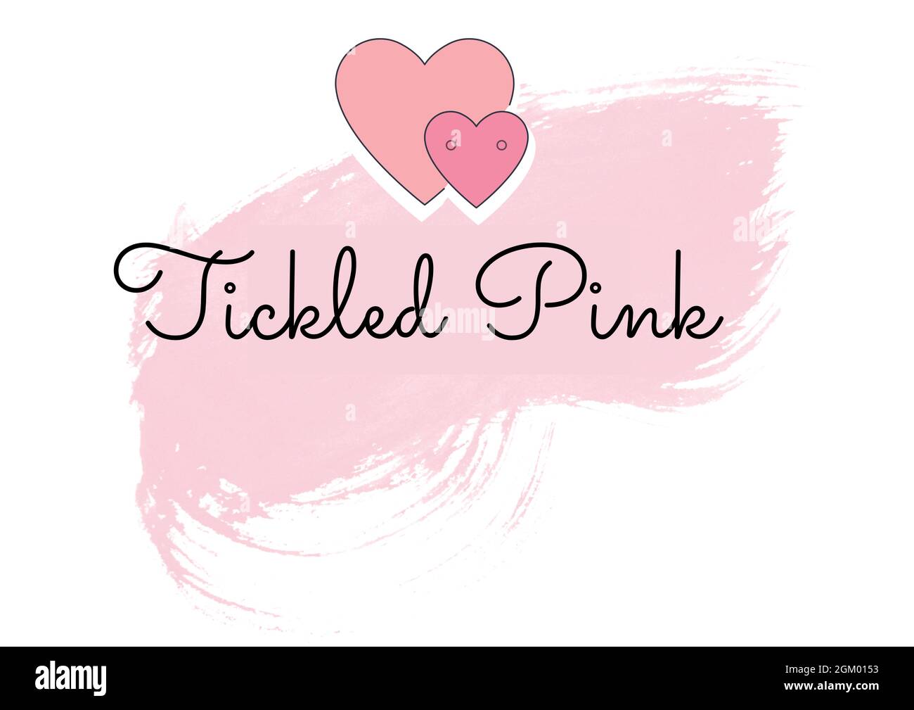 Tickled pink text and two pink heart icons against white background Stock Photo