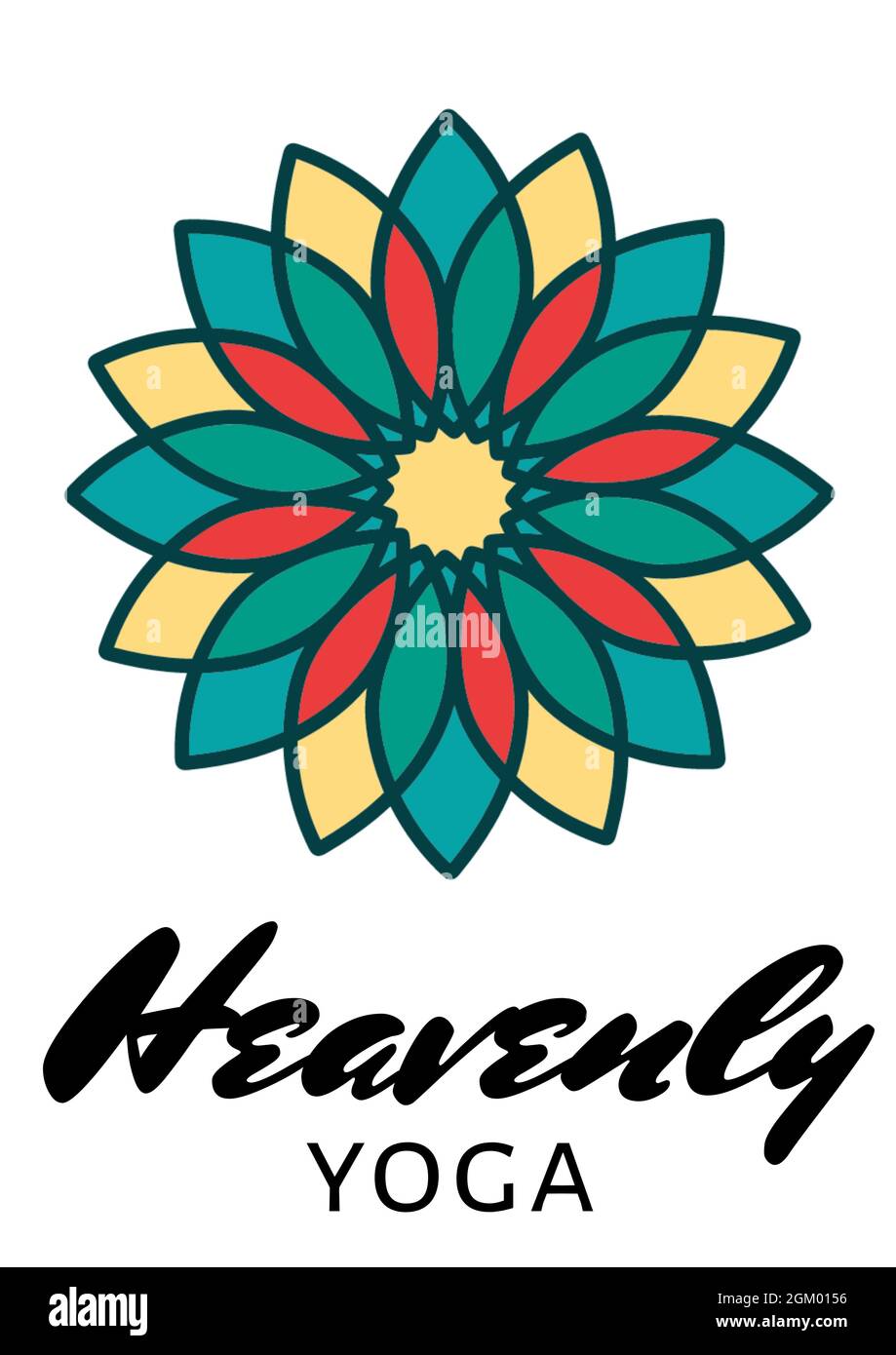 Heavenly yoga text with decorative floral design against white background Stock Photo