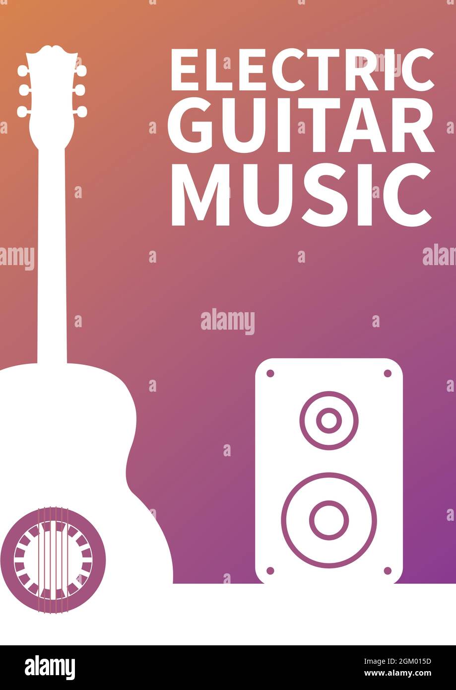 Electric guitar music text with guitar and speaker icon against gradient background Stock Photo