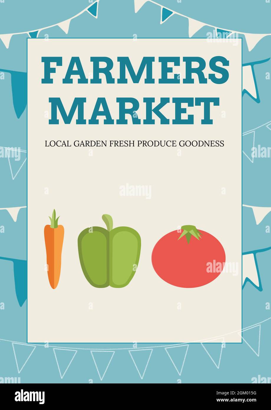 Farmers market text with multiple vegetable icons against blue background Stock Photo