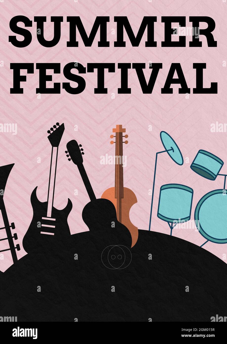 Summer festival text over musical instruments against chevron pattern design on pink background Stock Photo