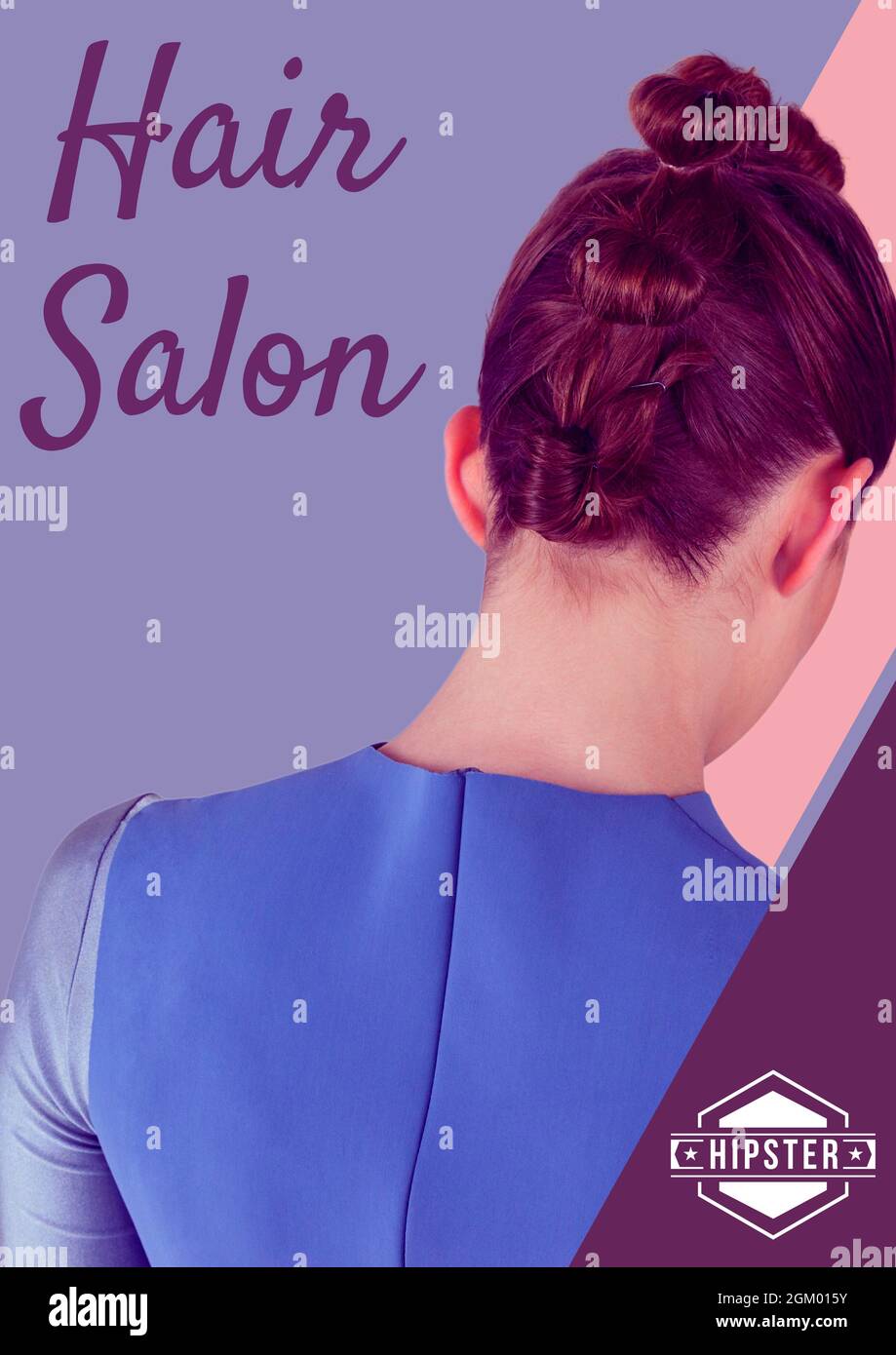 Hair salon text against rear view of woman's hairstyle Stock Photo