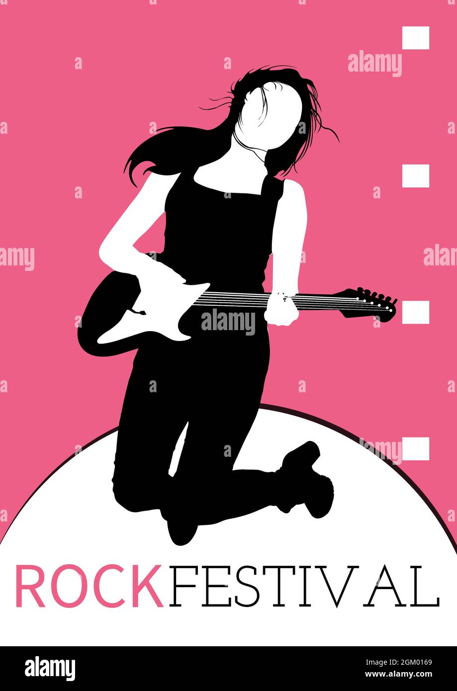 Rock festival text over female musician playing a electric guitar icon against pink background Stock Photo