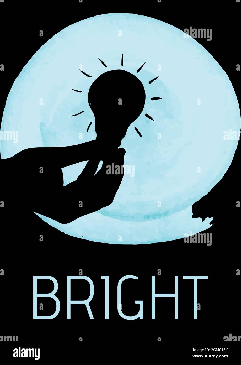 Bright text with hand holding a light bulb over round blue banner against black background Stock Photo