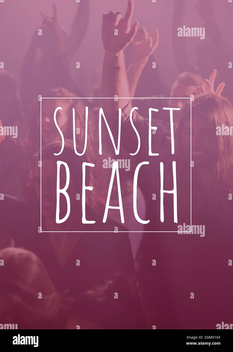 Sunset beach text banner against people dancing in a music concert Stock Photo