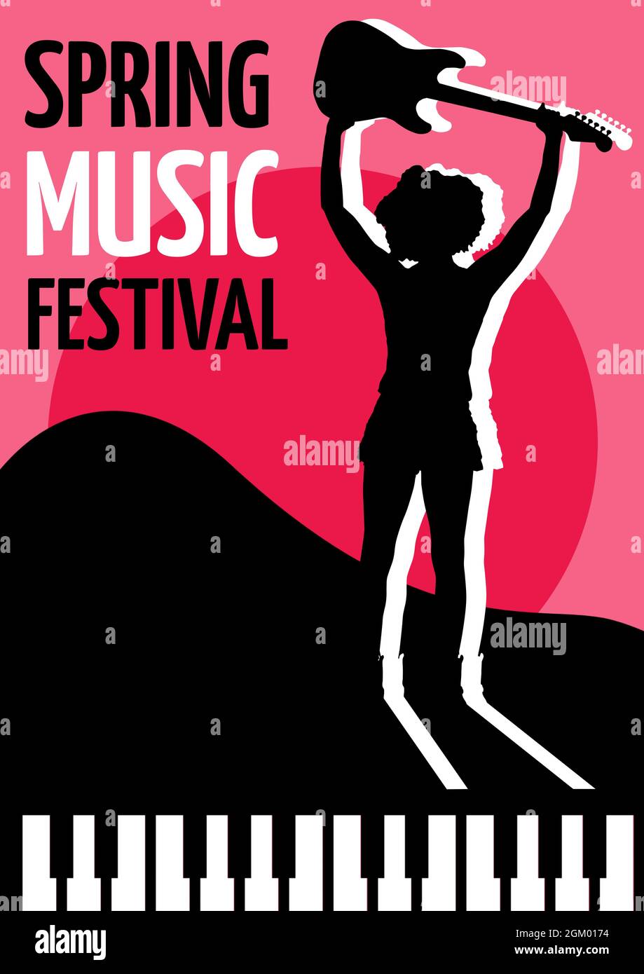 Spring music festival text with female musician holding a guitar icon against pink background Stock Photo