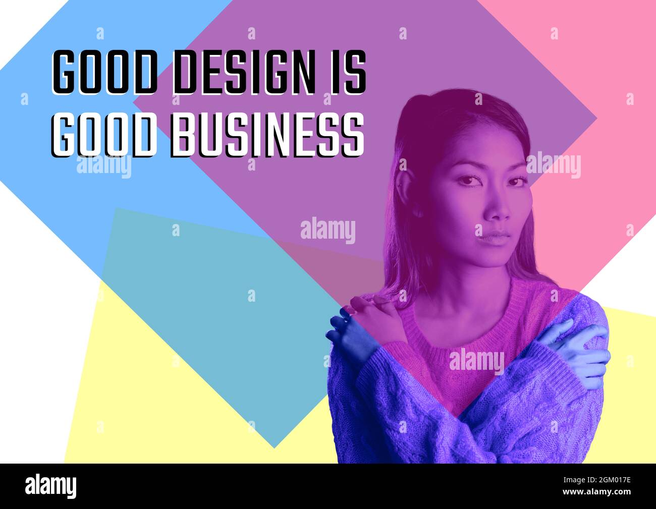 Good design is good business text against portrait of asian woman against colorful background Stock Photo