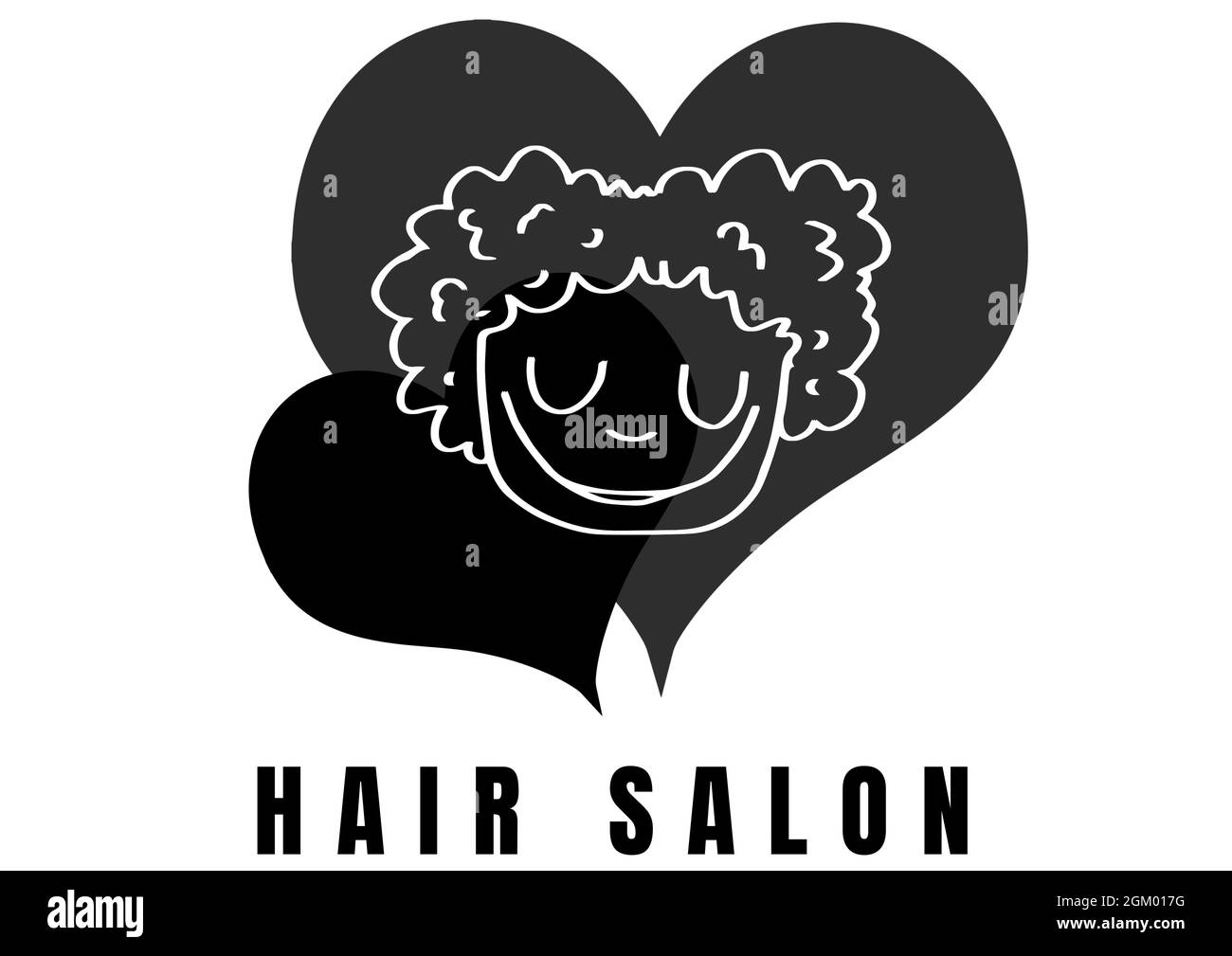 Man icon over two hearts icon with hair salon text against white background Stock Photo