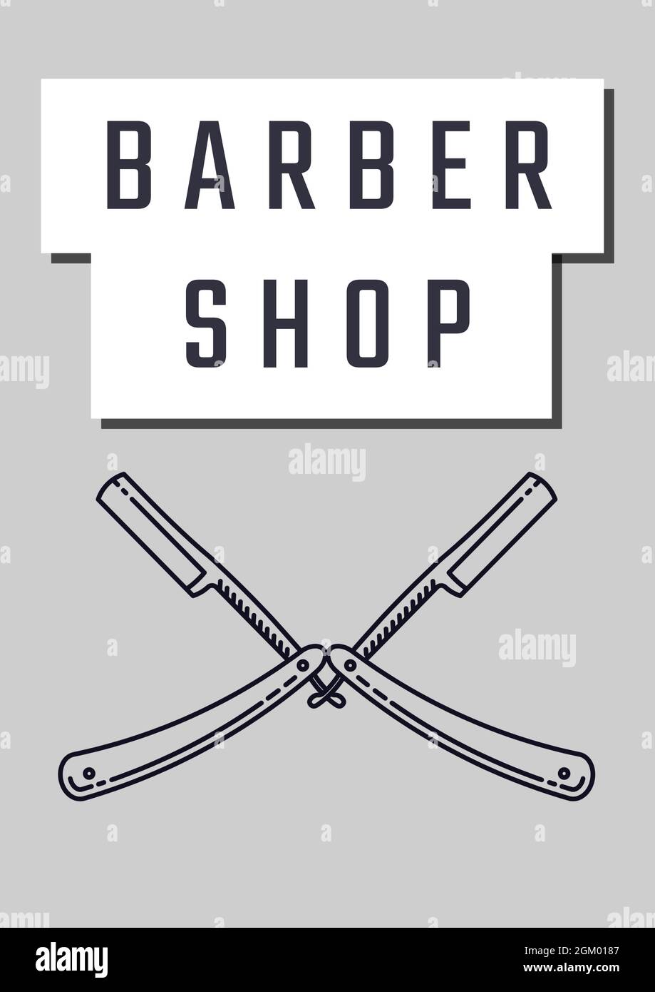 Barber shop text banner with two straight blade razors icons against grey background Stock Photo