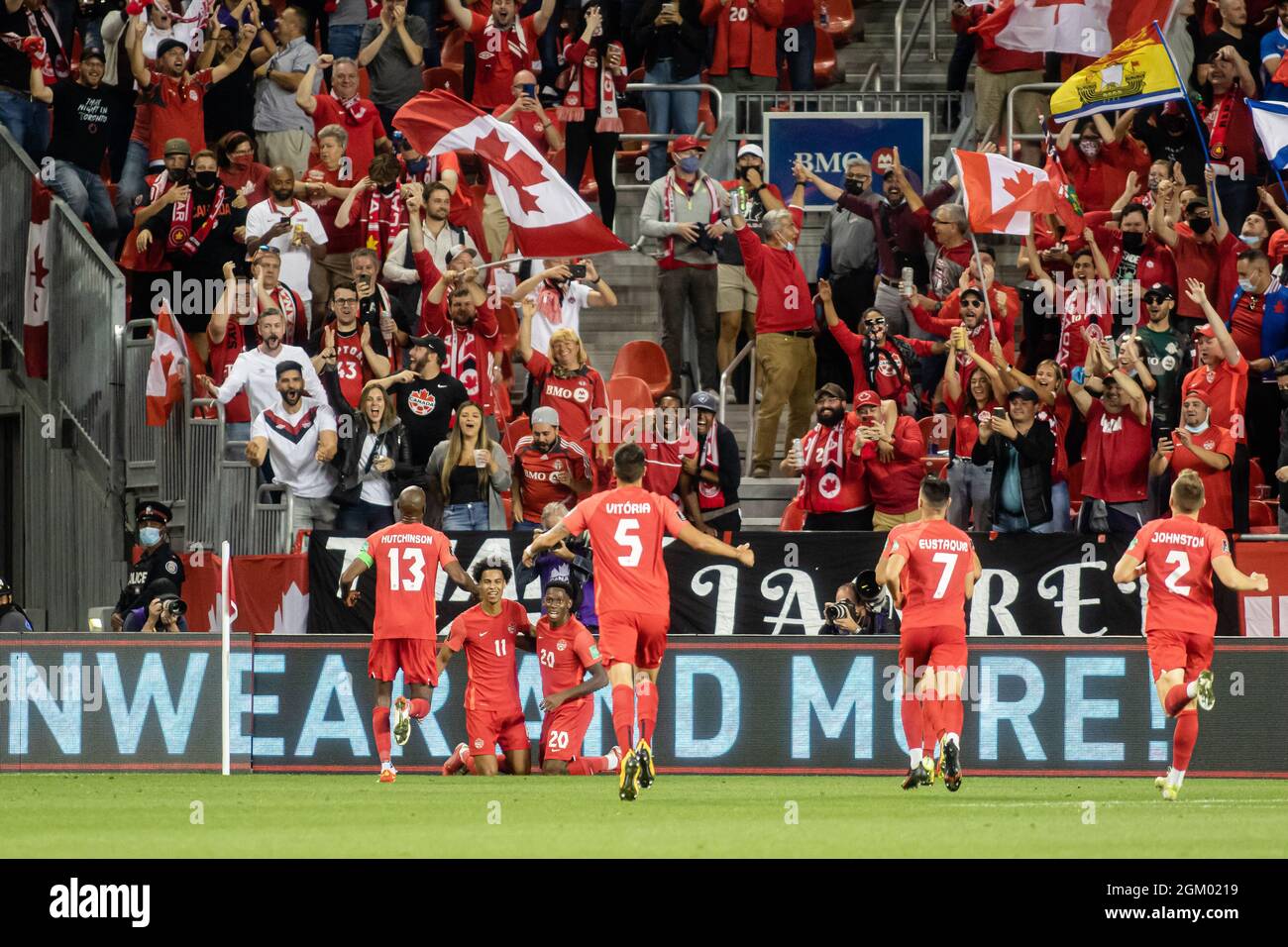 Toronto, Canada, September 8, 2021: Tajon Buchanan (No.11), who scores the 3rd goal for the team, and the teammates celebrate during the CONCACAF FIFA World Cup Qualifying 2022 match against Team El Salvador at BMO Field in Toronto, Canada. Canada won 3-0. Stock Photo