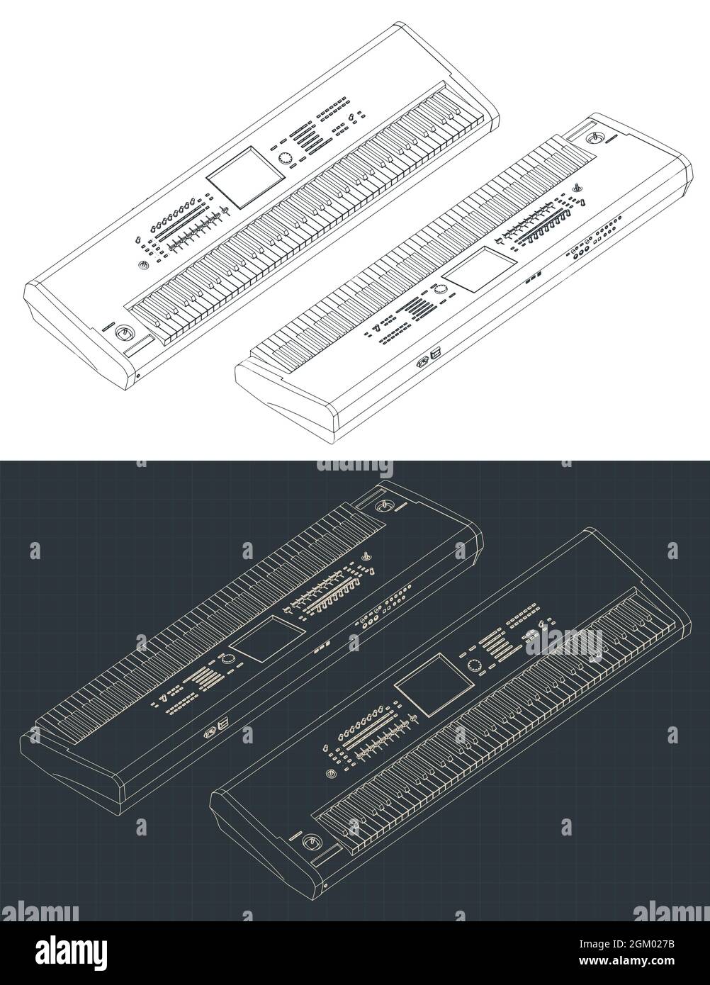Keybourd Blueprints Stylized vector illustration of isometric blueprints of synthesizer ...