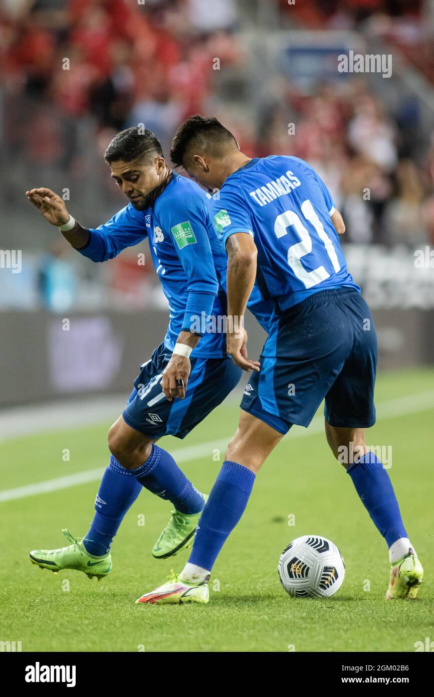 Toronto, Canada, September 8, 2021: Jairo Henríquez (L) and Bryan Tamacas (R) of Team El Salvador in action during the CONCACAF FIFA World Cup Qualifying 2022 match against Canada at BMO Field in Toronto, Canada. Canada won the match 3-0. Stock Photo