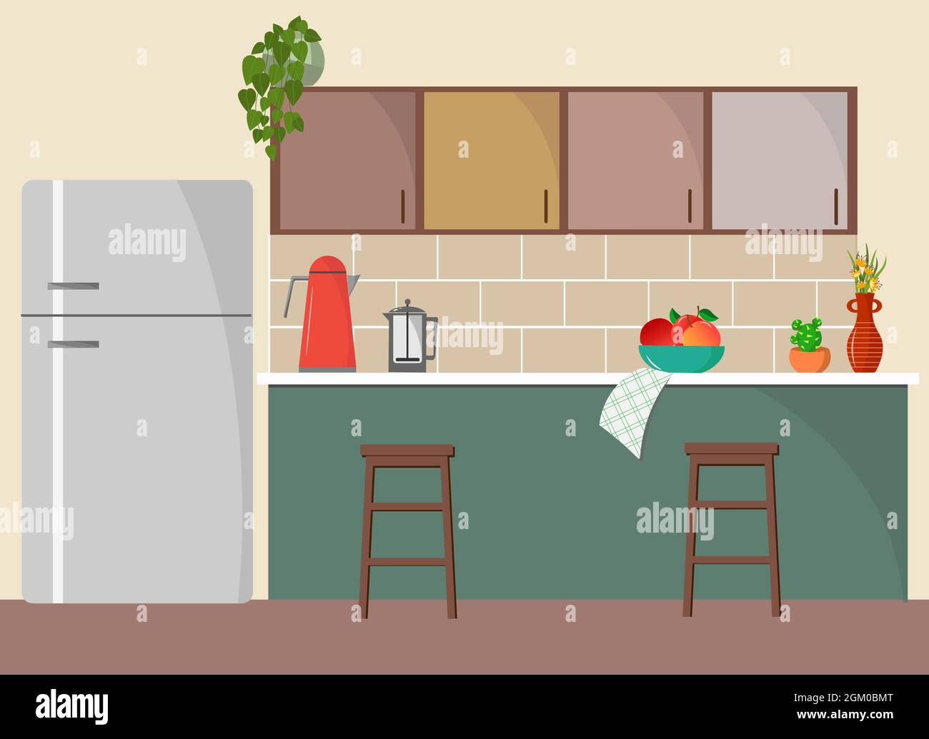 Simple kitchen interior with refrigerator, kitchen cabinets, table and chairs.  Stock Vector