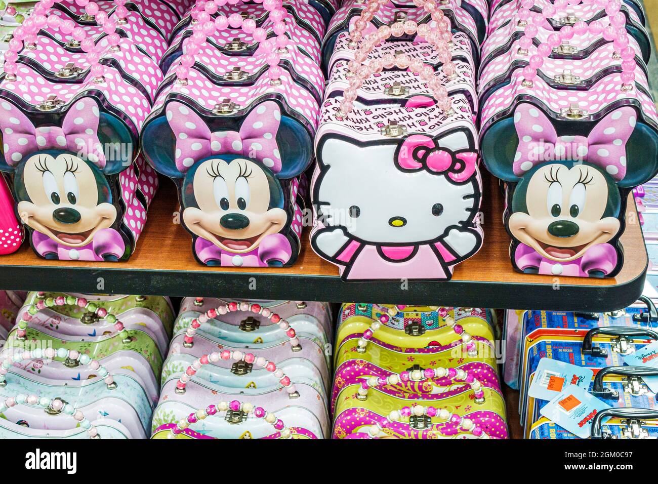 Kissimmee Florida,Orlando shopping shop store,Crazy Wizard Gift Shop,souvenirs Minnie Mouse Hello Kitty pocketbooks purses Stock Photo