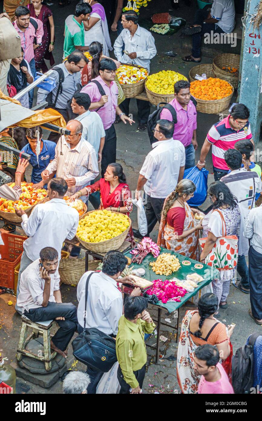 Mumbai India,Dadar West,stalls vendors market,marketplace crowded Asian Indian men male female women,aerial overhead view from above Stock Photo