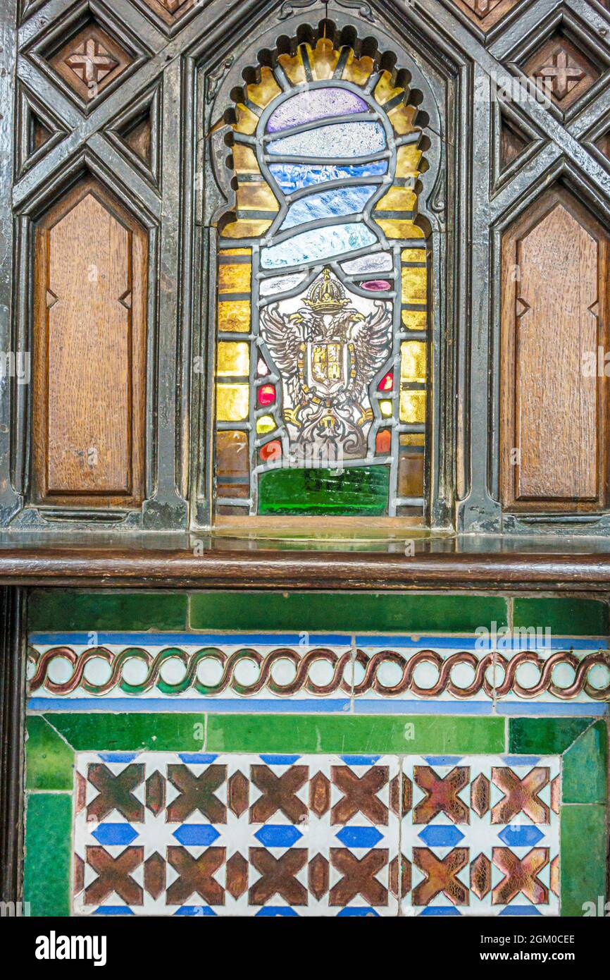 Toledo Spain,railway station,architect Narciso Claveria y de Palacios,Neo-Mudejar style Talavera ceramic tile stained glass window Stock Photo
