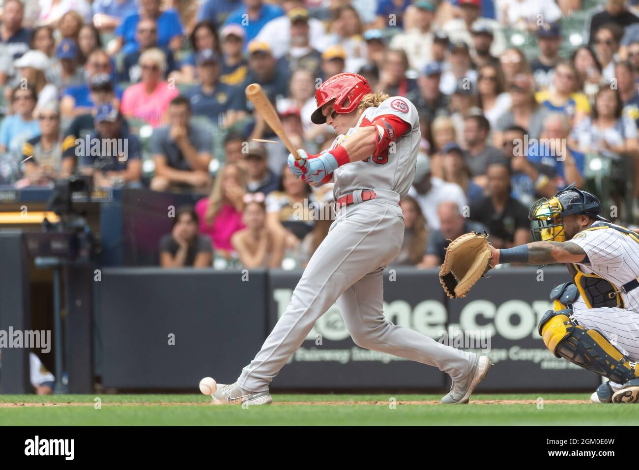 September 5, 2021: St. Louis Cardinals center fielder Harrison Bader #48  breaks his bat on a double during MLB baseball game between the St. Louis  Cardinals and the Milwaukee Brewers at American