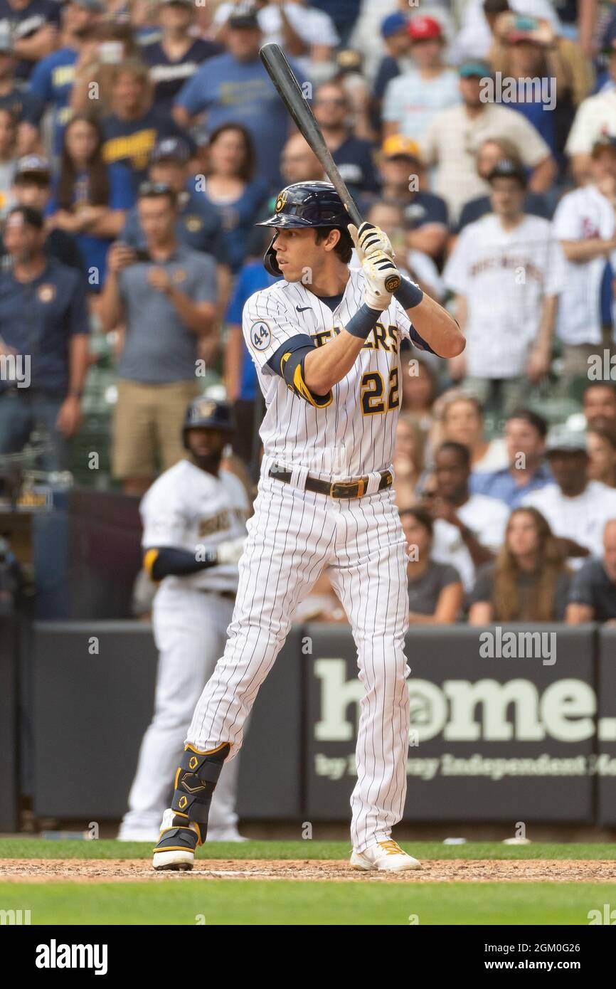 MINNEAPOLIS, MN - MAY 28: Milwaukee Brewers Outfield Christian Yelich (22)  adjusts his batting glove during a game between the Milwaukee Brewers and  Minnesota Twins on May 28, 2019 at Target Field