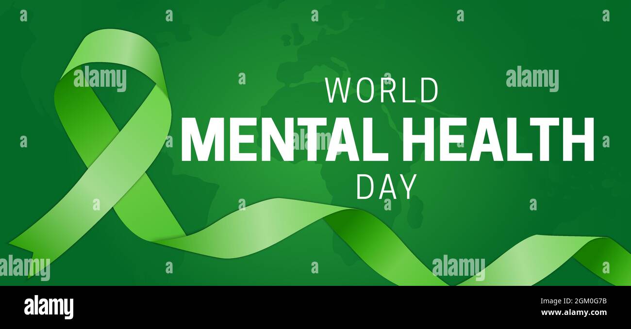 World Mental Health Day Green Background Illustration with Green Ribbon ...