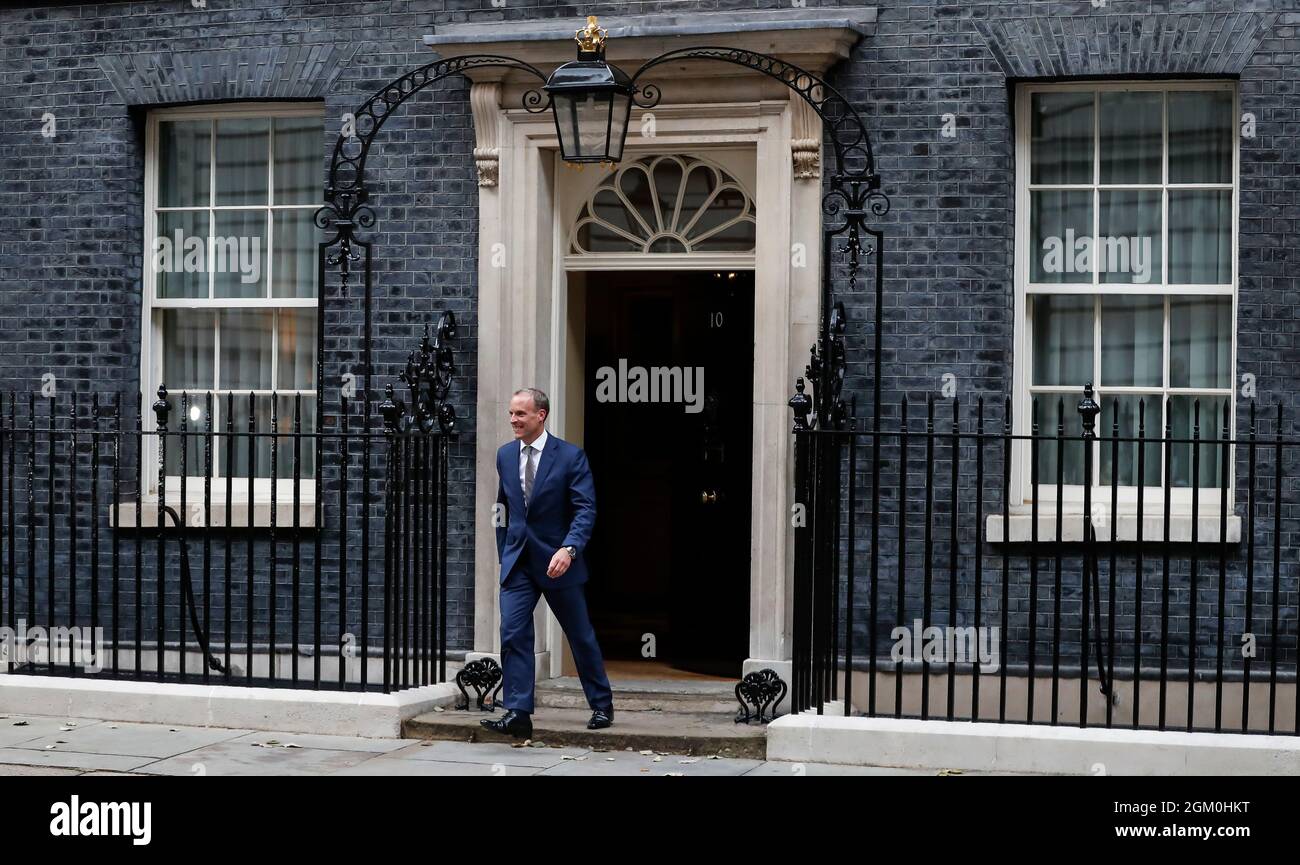London, Britain. 15th Sep, 2021. Dominic Raab leaves 10 Downing Street in London, Britain, on Sept. 15, 2021. British Prime Minister Boris Johnson reshuffled his cabinet on Wednesday, with Dominic Raab removed as foreign secretary among other changes. Raab became deputy prime minister and justice secretary. Credit: Han Yan/Xinhua/Alamy Live News Stock Photo