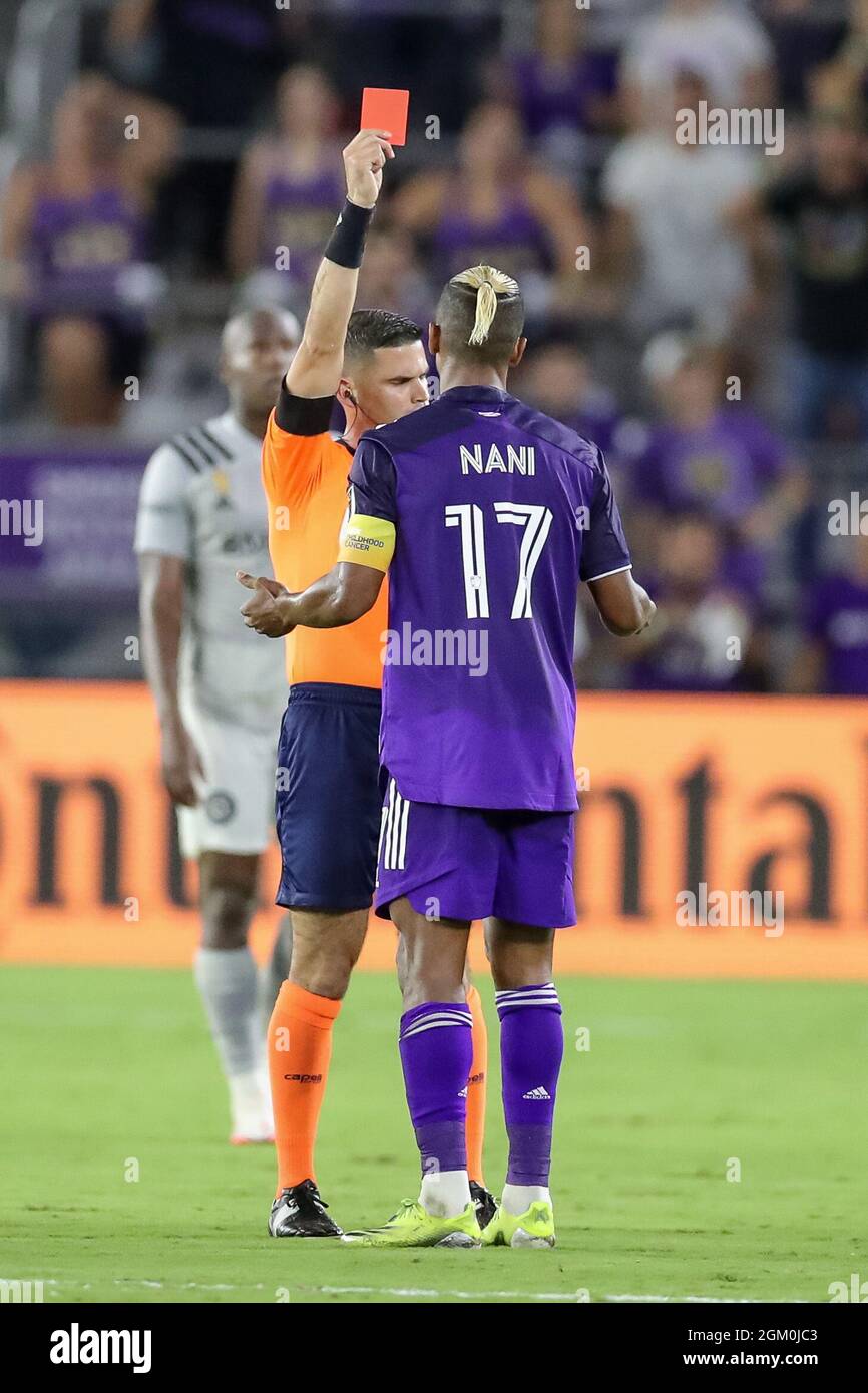 September 15, 2021: Orlando City midfielder NANI (17) receives a red card during the first half of the Orlando City vs CF Montreal soccer match at Exploria Stadium in Orlando, FL on September 15, 2021. (Credit Image: © Cory Knowlton/ZUMA Press Wire) Stock Photo