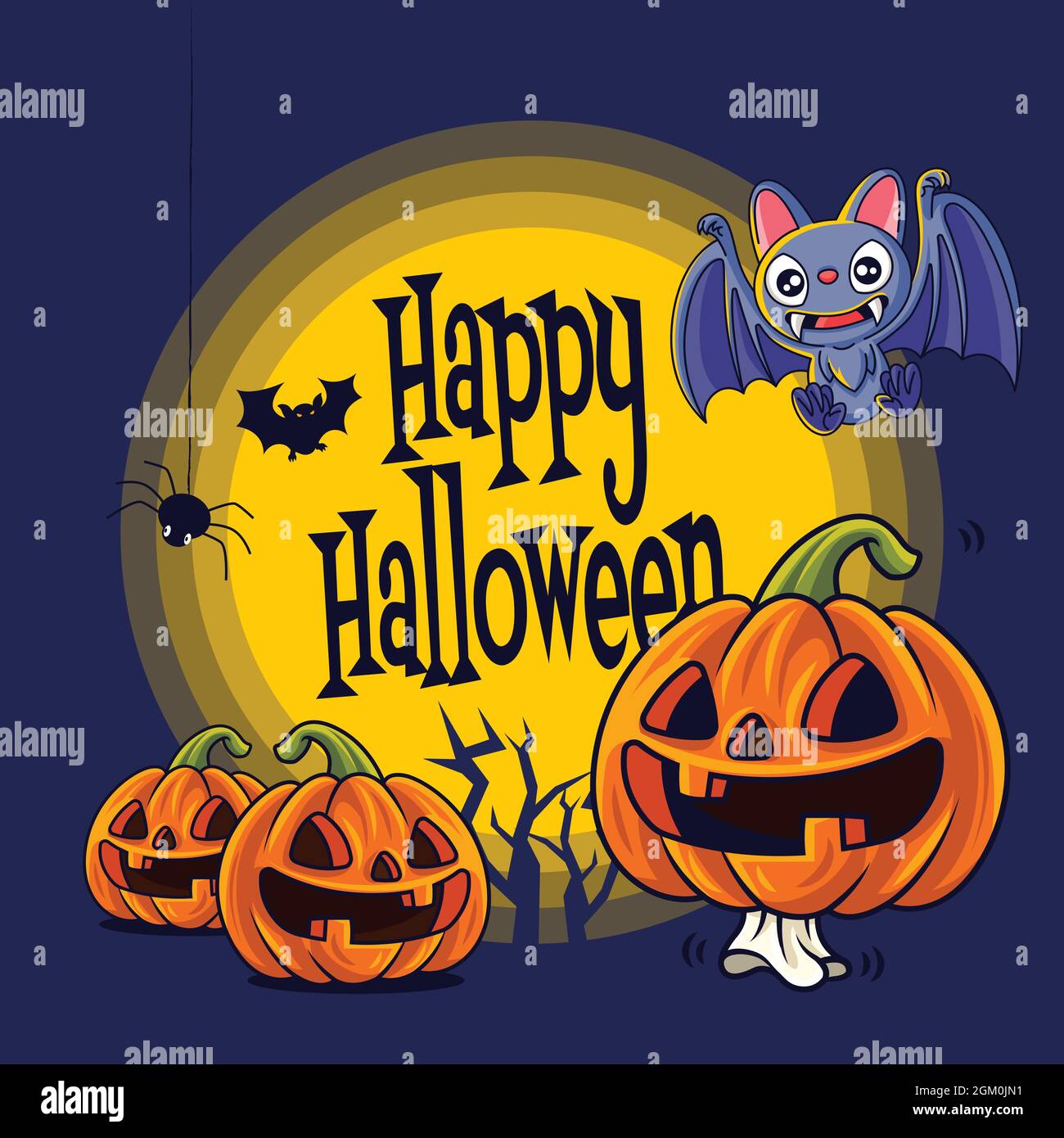 Happy Halloween. Cartoon cute Jack O Lantern orange pumpkin and bat  characters with big greeting signboard Stock Vector Image & Art - Alamy