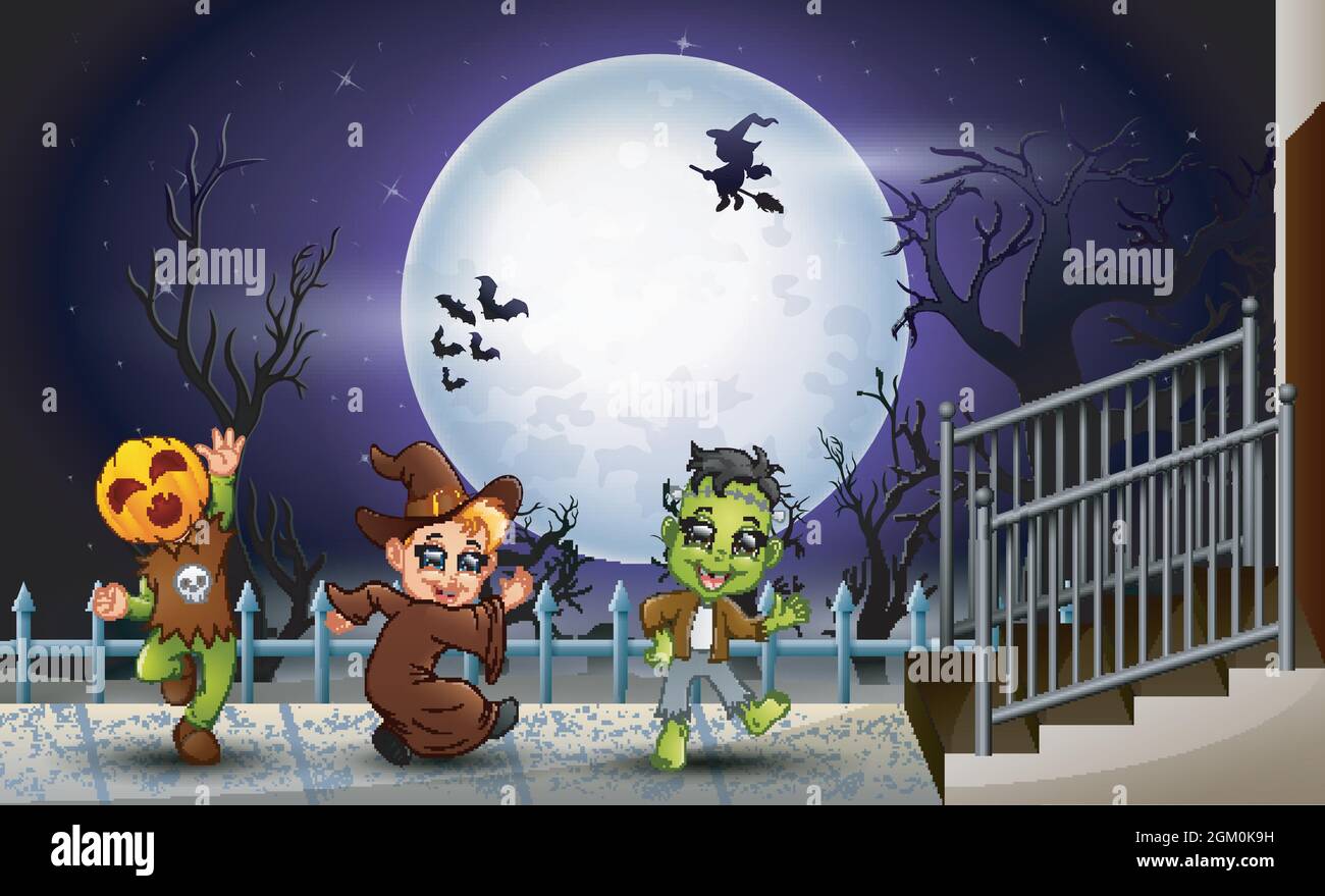 Happy kids halloween in the full moon background Stock Vector Image ...