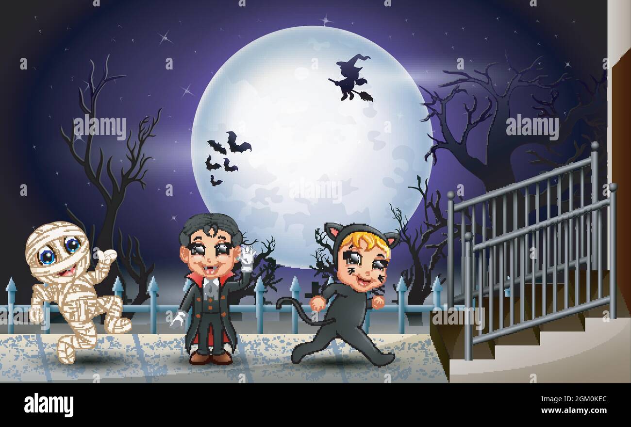 Happy kids halloween in the full moon background Stock Vector Image ...