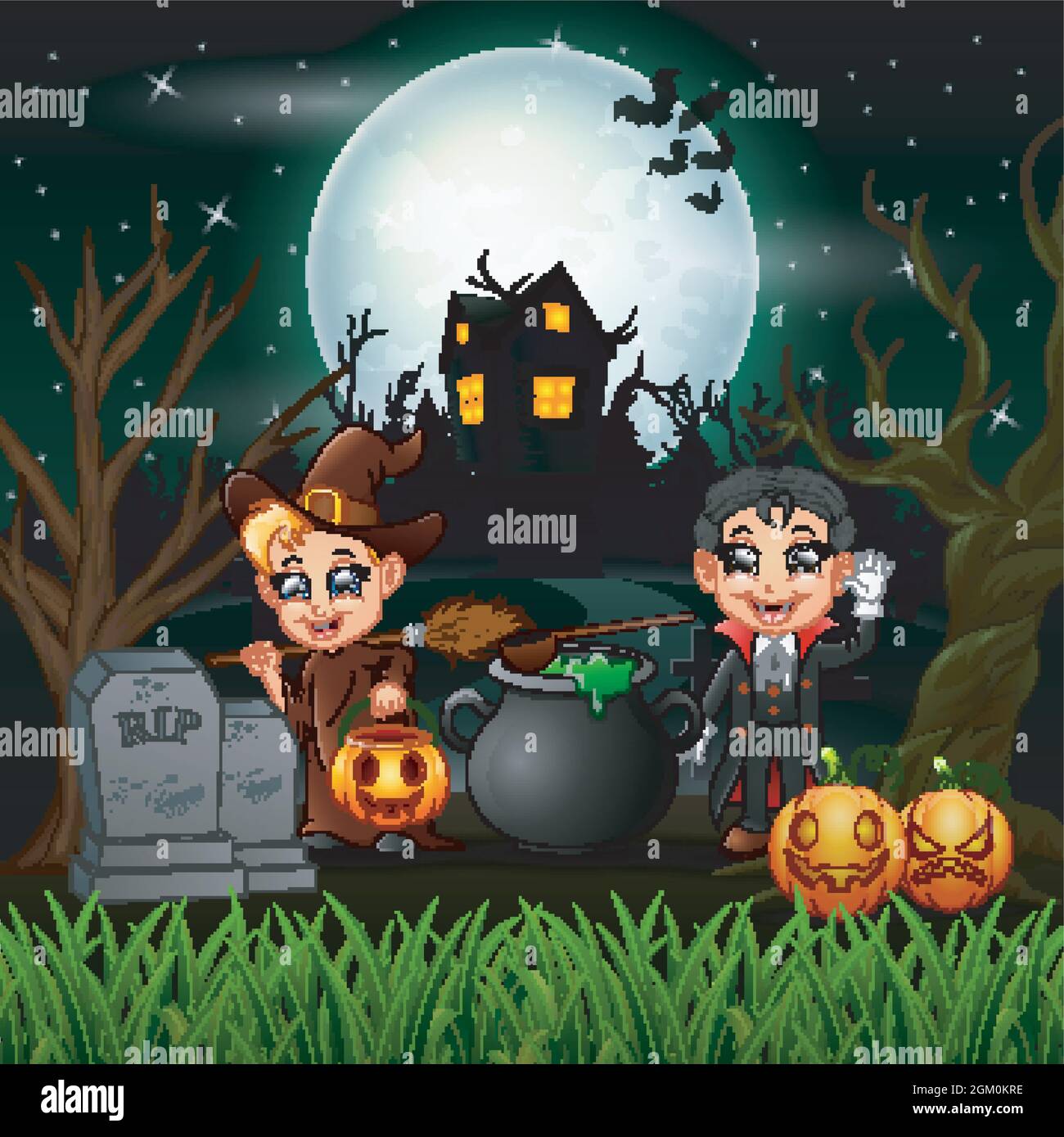 Happy halloween witch and vampire in the night Stock Vector Image & Art ...