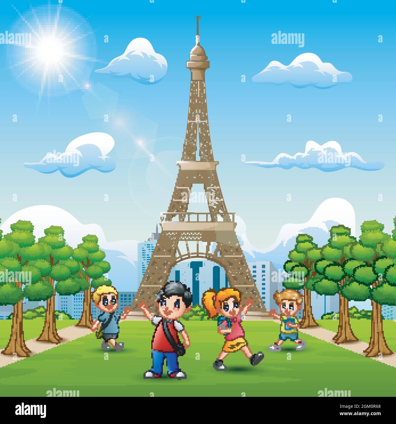 Happy kids study in front of eiffel tower background Stock Vector