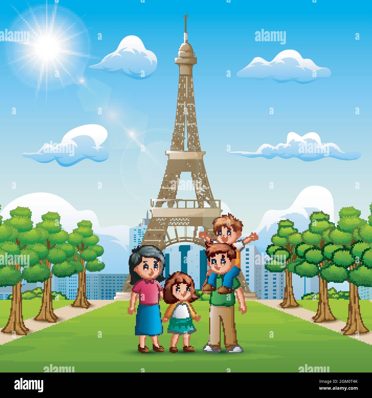 Happy family in front of eiffel tower background Stock Vector