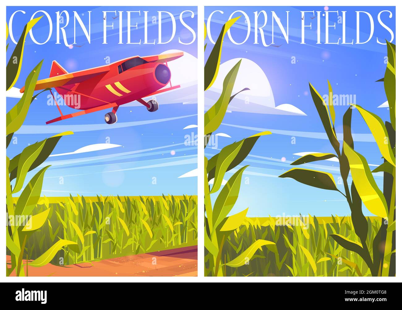 Corn fields posters with red airplane and green cereal plants. Vector cartoon banners with agriculture cornfield and biplane in sky. Farmland with plantation of maize and flying aircraft Stock Vector