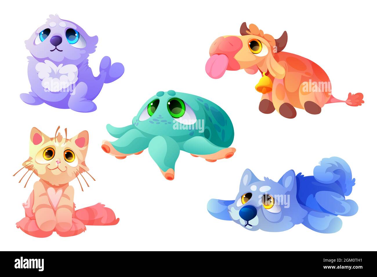 Plush toys, funny soft seal, cow, cat with octopus and dog. Cute animals, stuffed dolls for child playing, furry kitten or wolf, farm or sea creatures isolated objects Cartoon vector illustration, set Plush toys, funny soft seal, cow, cat with octopus and dog. Cute animals, stuffed dolls for child playing, furry kitten or wolf, farm or sea creatures isolated objects Cartoon vector illustration, set