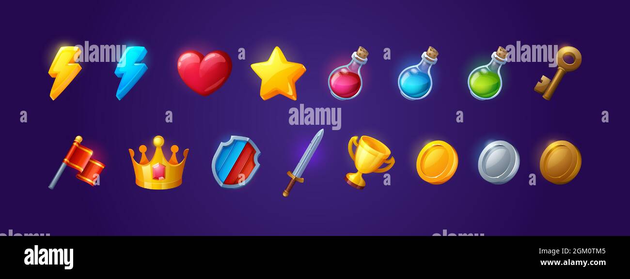 Game icons with heart, lightning, key, crown, gold cup and star
