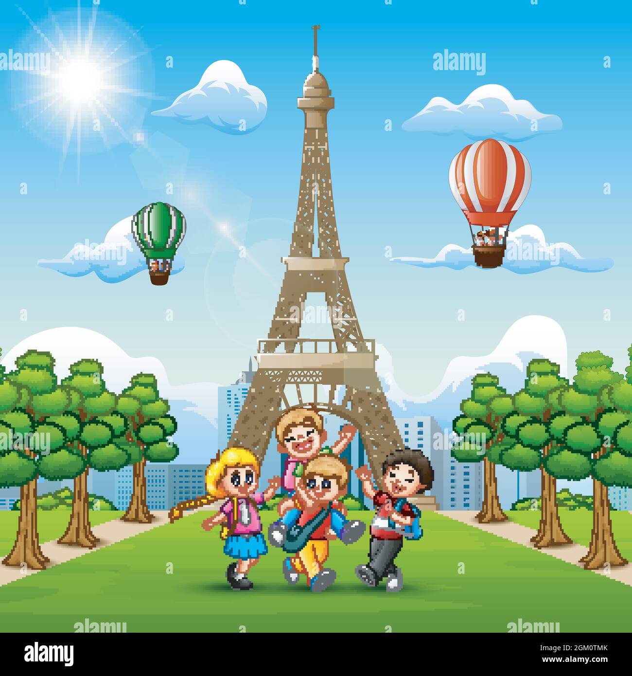 Happy kids playing in front of eiffel tower background Stock Vector