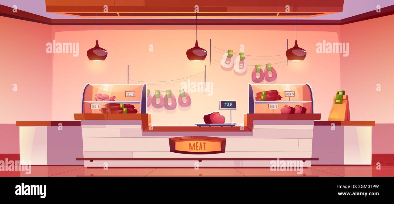 Meat shop, butchery store interior with farm production on showcase, cashier desk and scales. Fresh sausages hang on wall, farmer meaty products, food in supermarket stall, Cartoon vector illustration Stock Vector