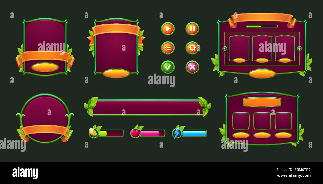 Game buttons and frames with green borders and leaves. Design elements ...