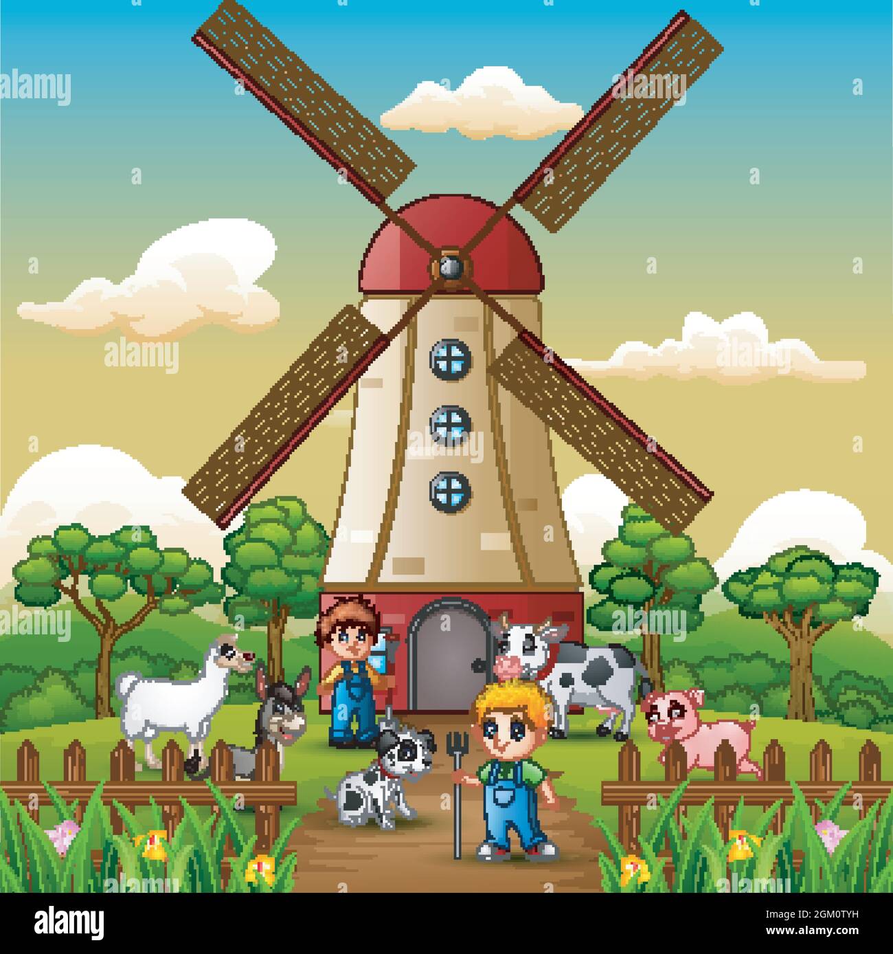 Two boy are working again in front of windmill background Stock Vector