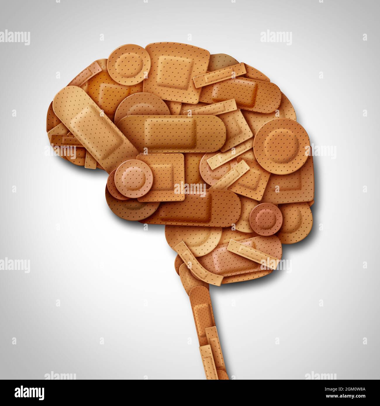 Brain recovery concept and healing of the mind as mental health therapy symbol as diverse bandage and first aid bandages group as a neurology. Stock Photo
