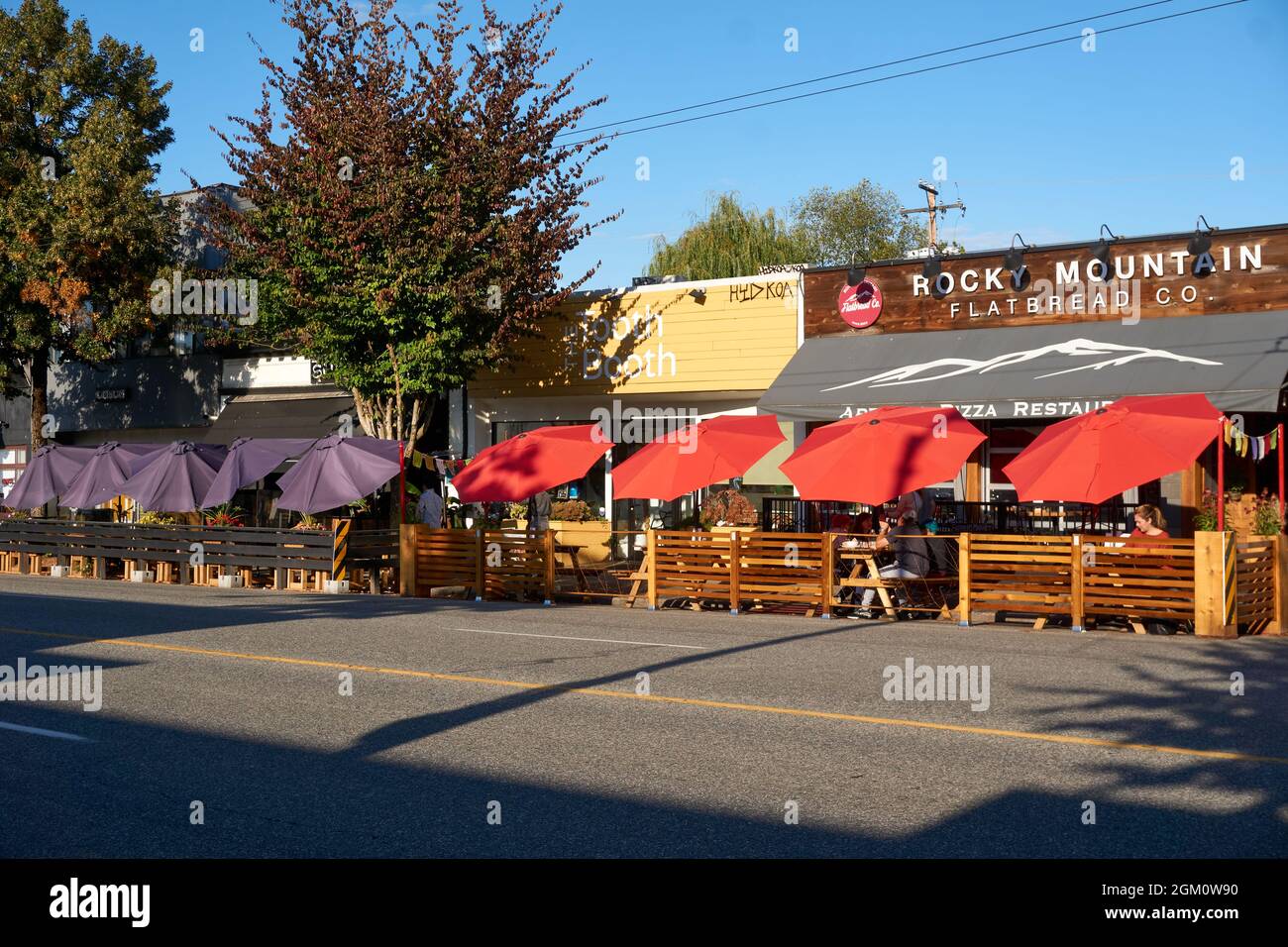 Outdoor dining areas outside restaurants during the COVID-19 pandemic, Main Street, Vancouver, British Columbia, Canada Stock Photo
