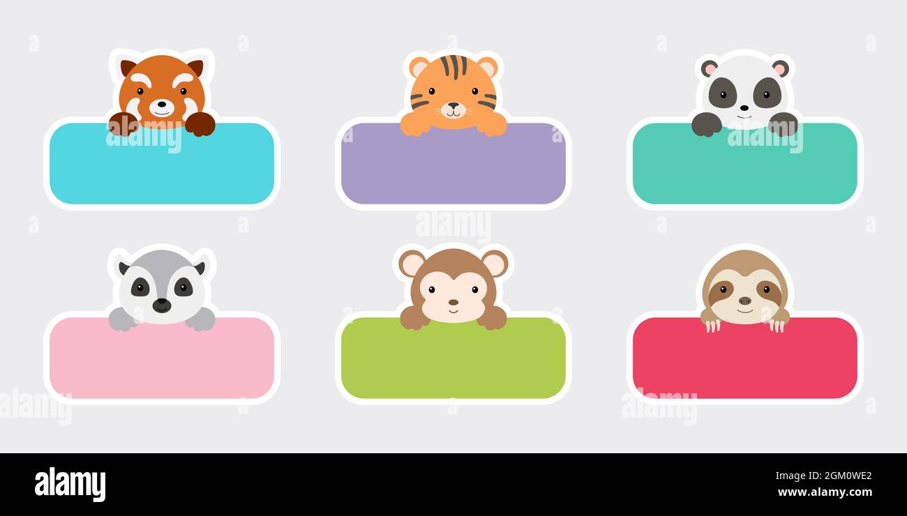 Sticky labels set for baby name. Cute cartoon animals shaped notepads