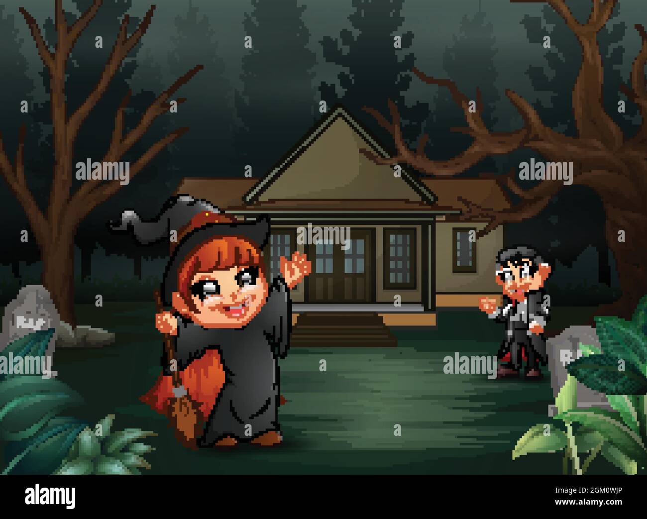 Happy halloween with vampire and witch cartoon Stock Vector Image & Art ...